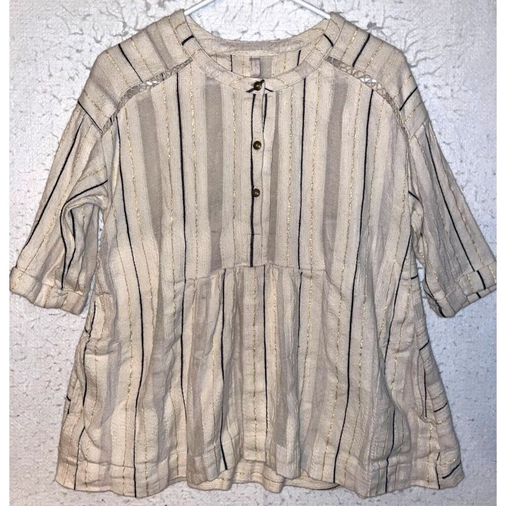Free People Henley Top Flowy Top sz S Boho Gold Stripe Oversized Short Sleeve